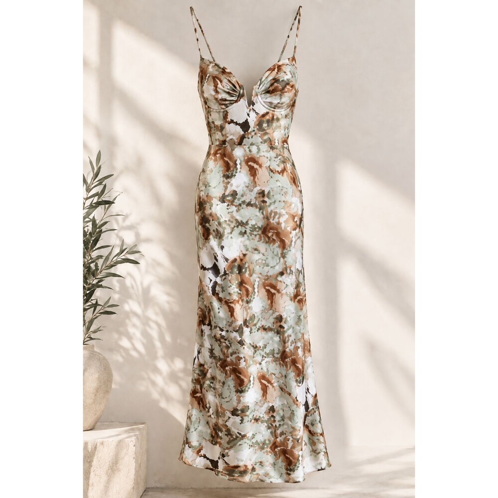 ACOA Maxi Slip Dress Satin Floral Underwire Bustier Corset Strappy Fall Women L